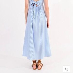 Striped Midi Dress Tie Back Casual Shirt Dress Light Blue White